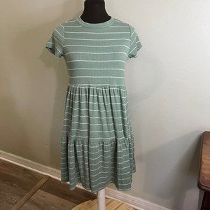 See You Monday Sage Green Striped Dress Midi Sz M